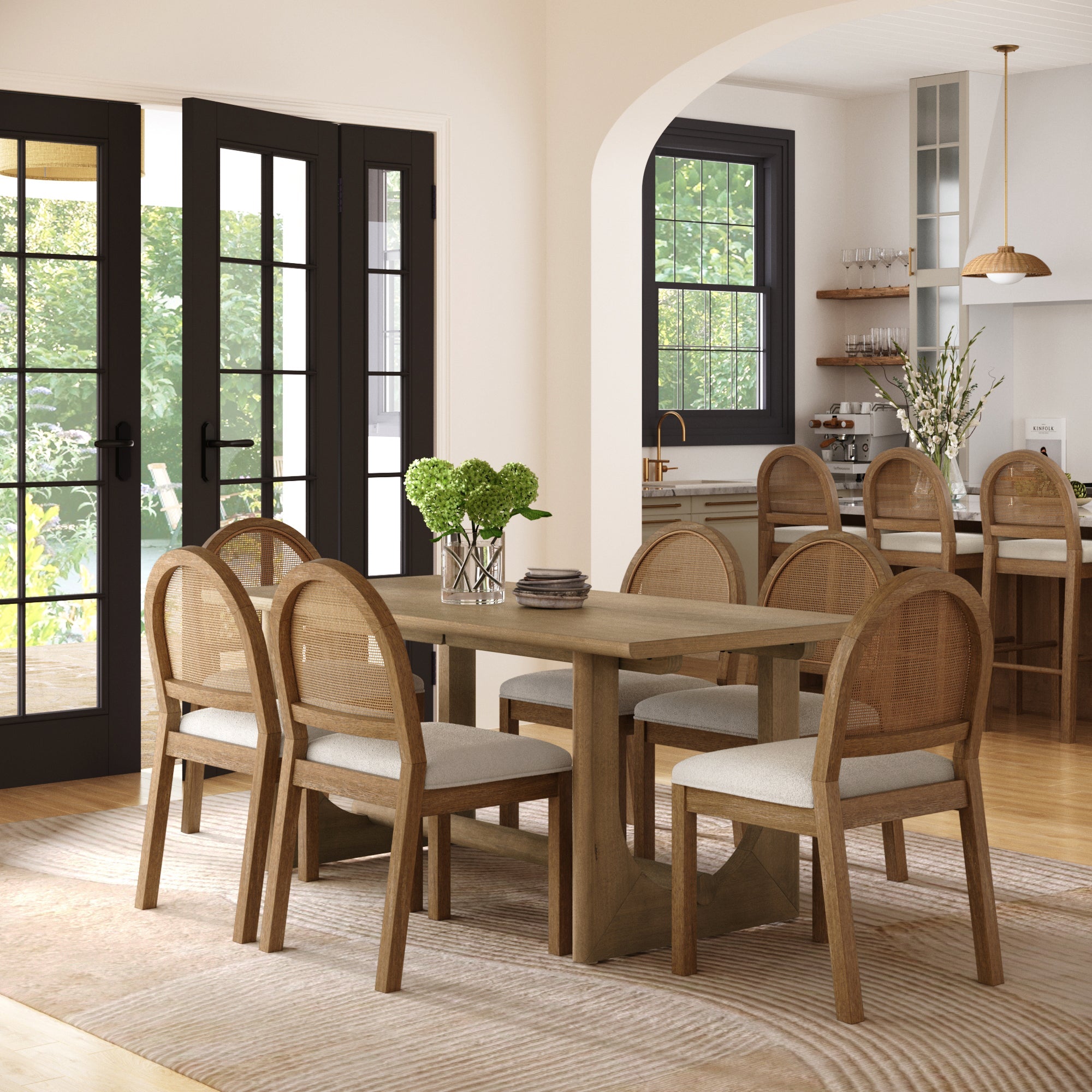 Mid-Century Rattan Boucle Dining Table Set (6 Chair)