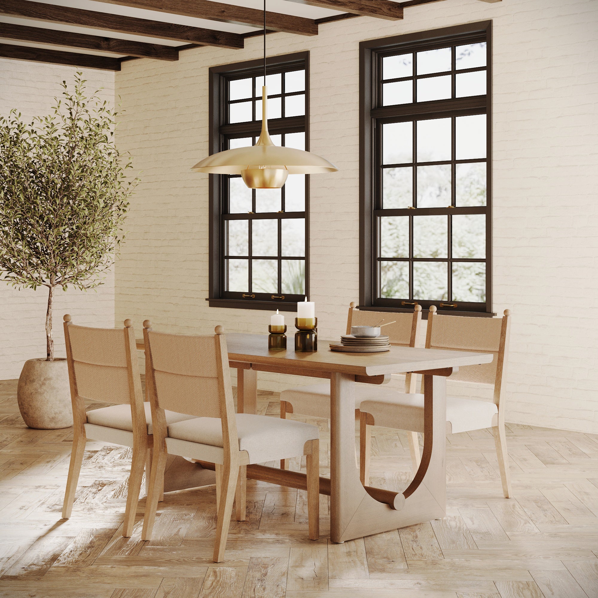 Mid-Century Seagrass Dining Table Set (4 Chair)