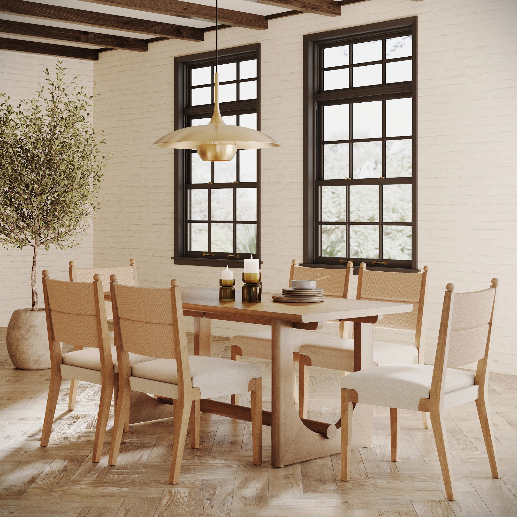 Mid-Century Seagrass Dining Table Set (6 Chair)