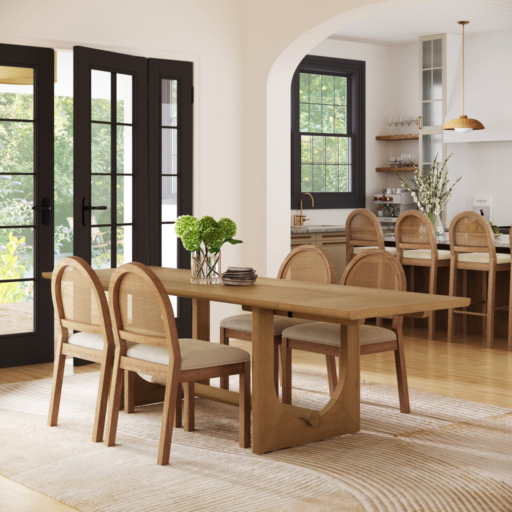 Extendable Mid-Century Rattan Dining Table Set (4 Chair)
