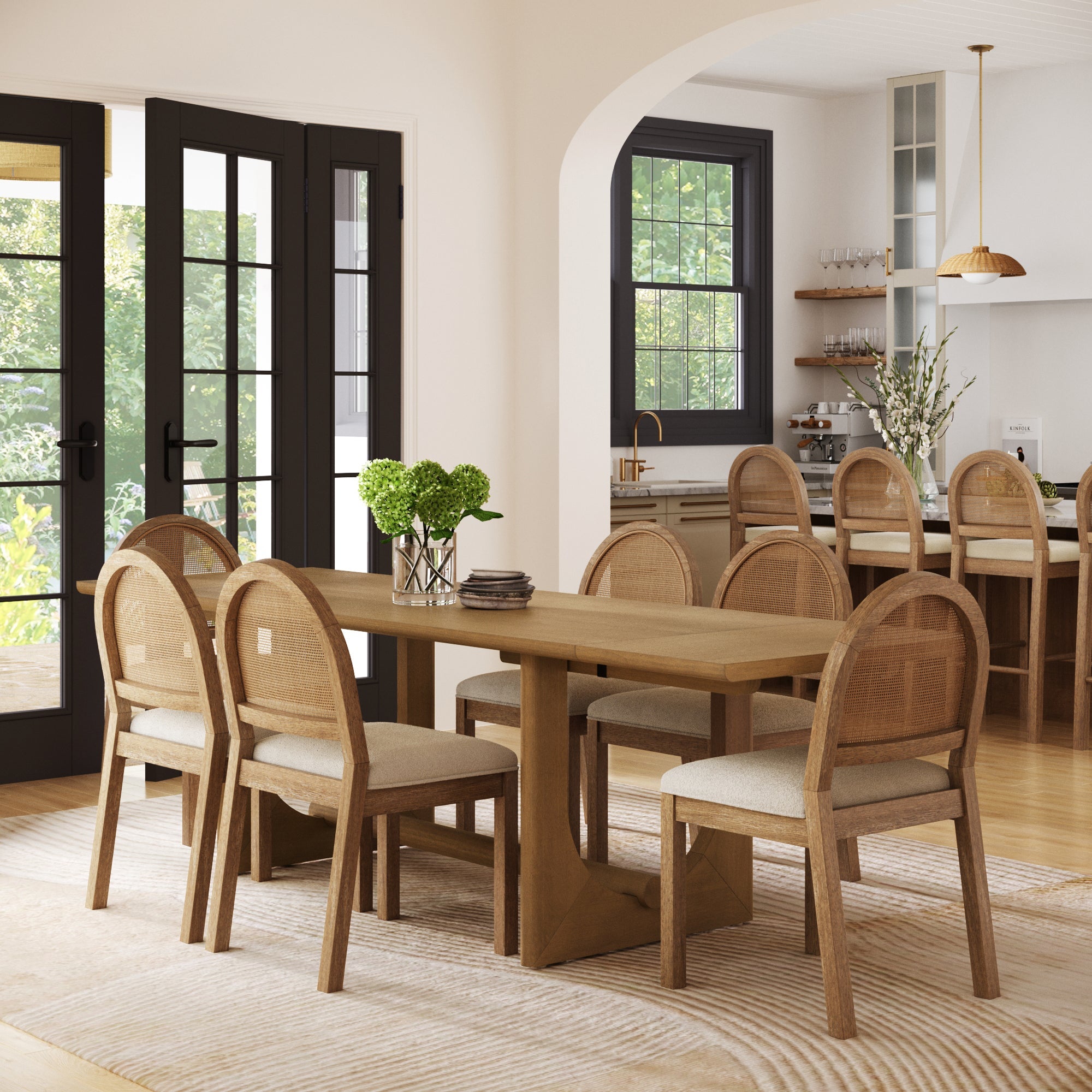 Extendable Mid-Century Rattan Dining Table Set (6 Chair)