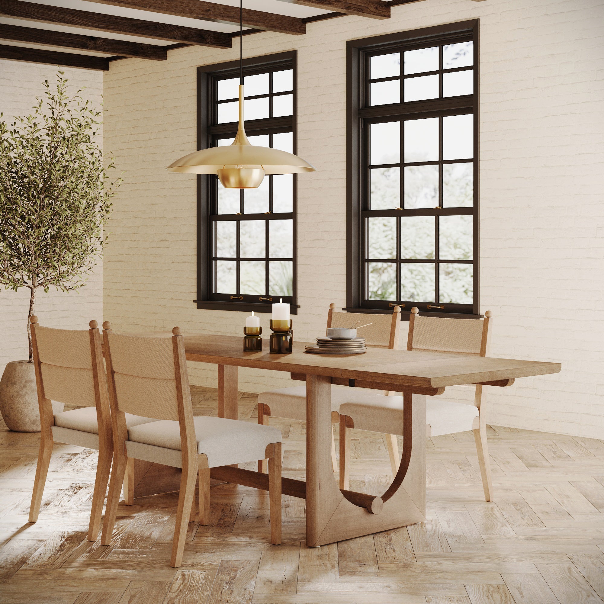 Extendable Mid-Century Seagrass Dining Table Set (4 Chair)