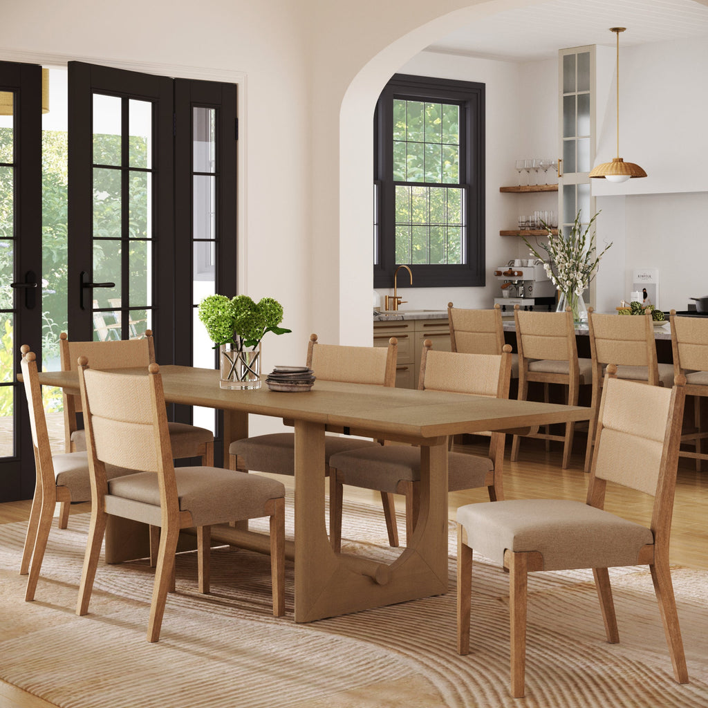 Extendable Mid-Century Seagrass Dining Table Set (6 Chair)