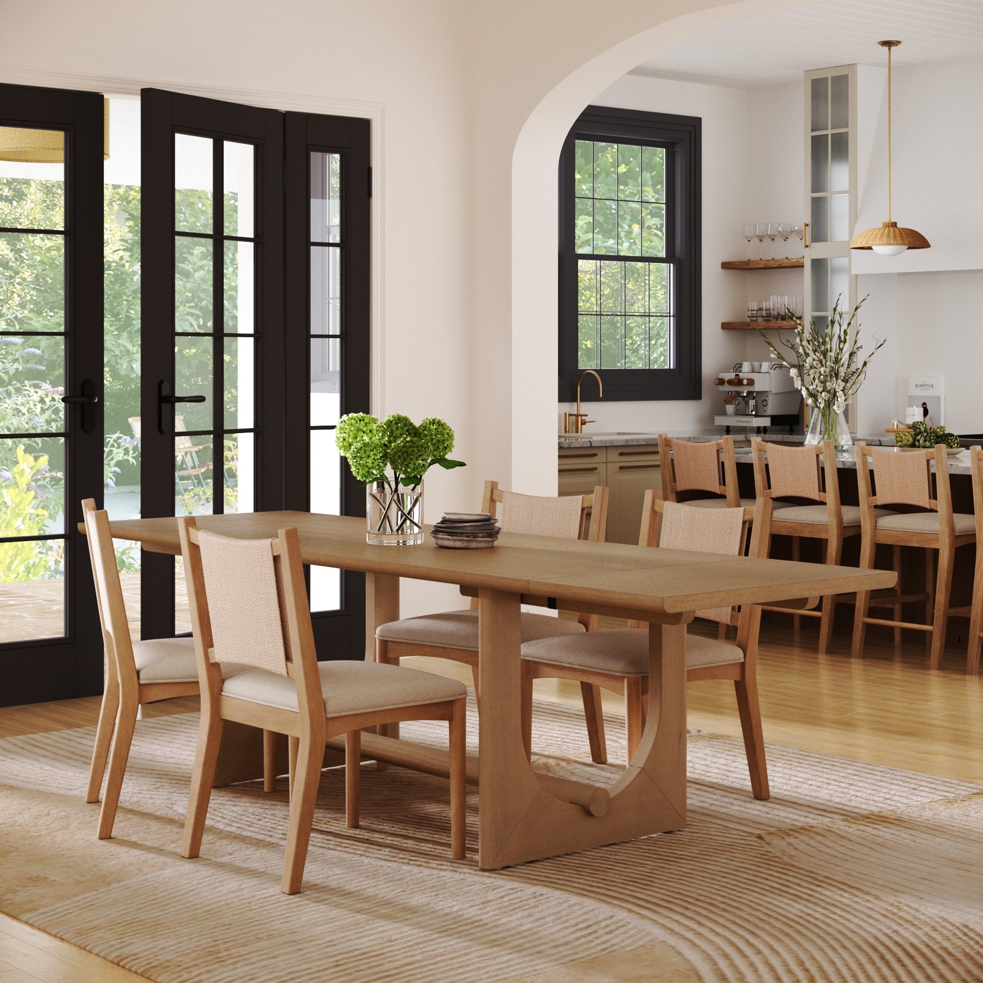 Extendable Mid-Century Seagrass Dining Table Set (4 Chair)