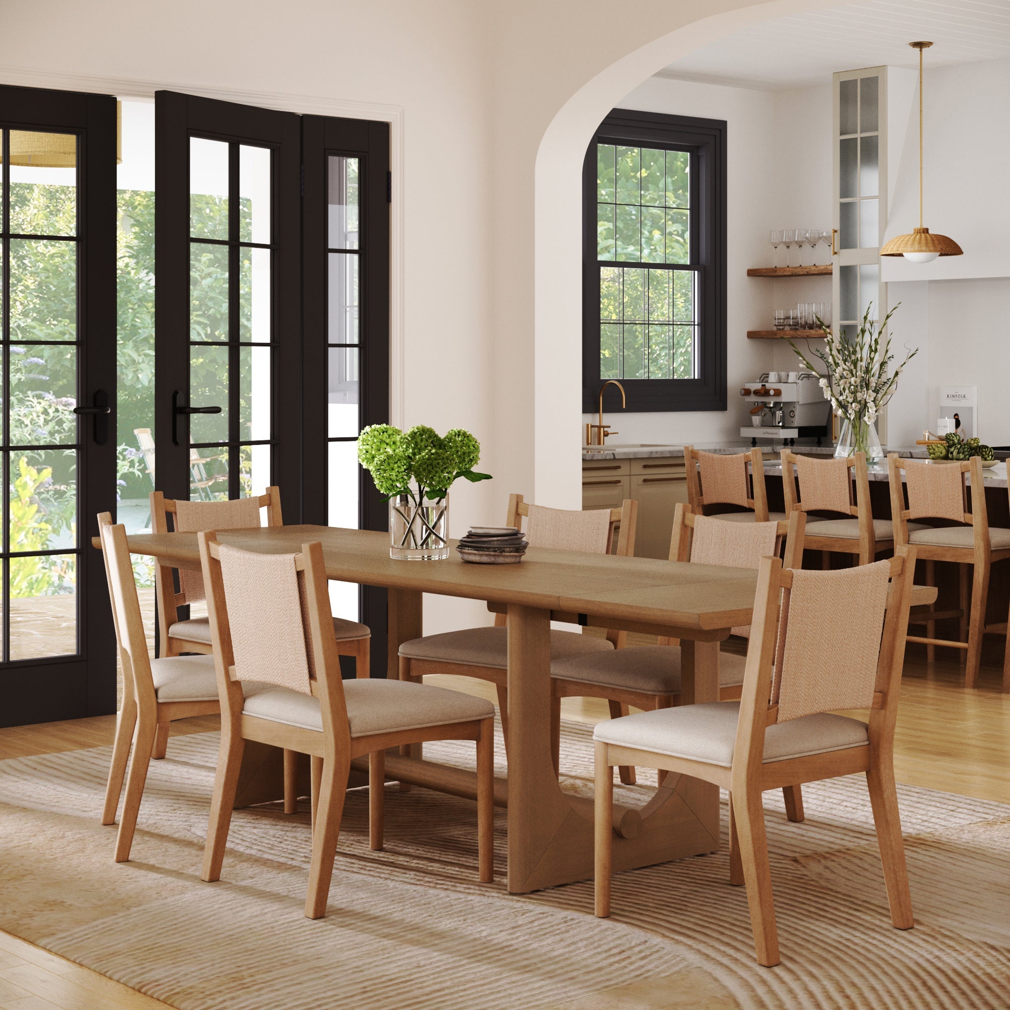 Extendable Mid-Century Flax Dining Table Set (6 Chair)