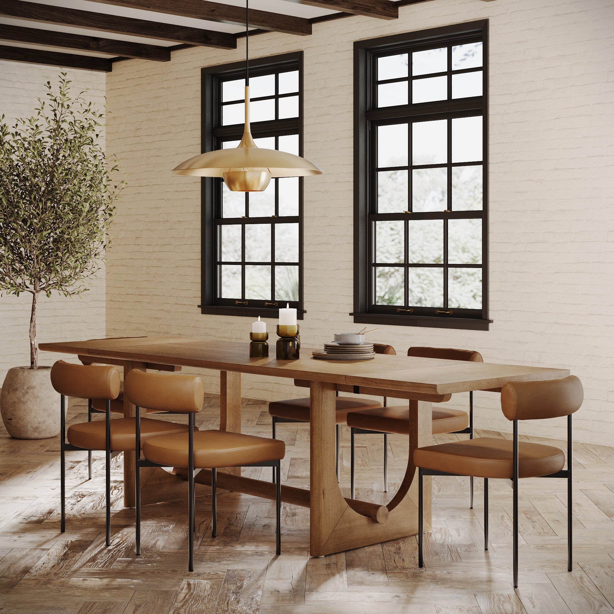 Extendable Mid-Century Faux Leather Dining Table Set (6 Chair)