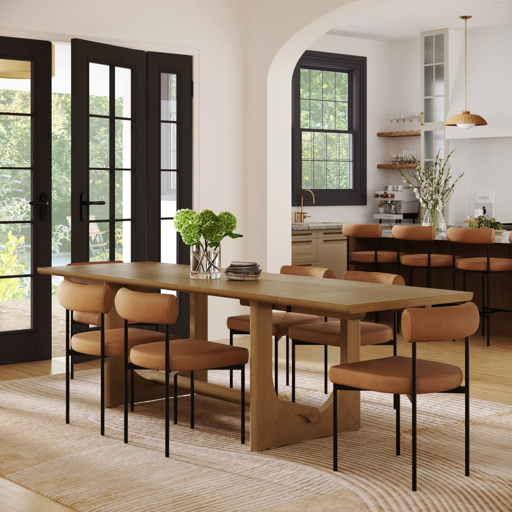 Extendable Mid-Century Faux Leather Dining Table Set (6 Chair)