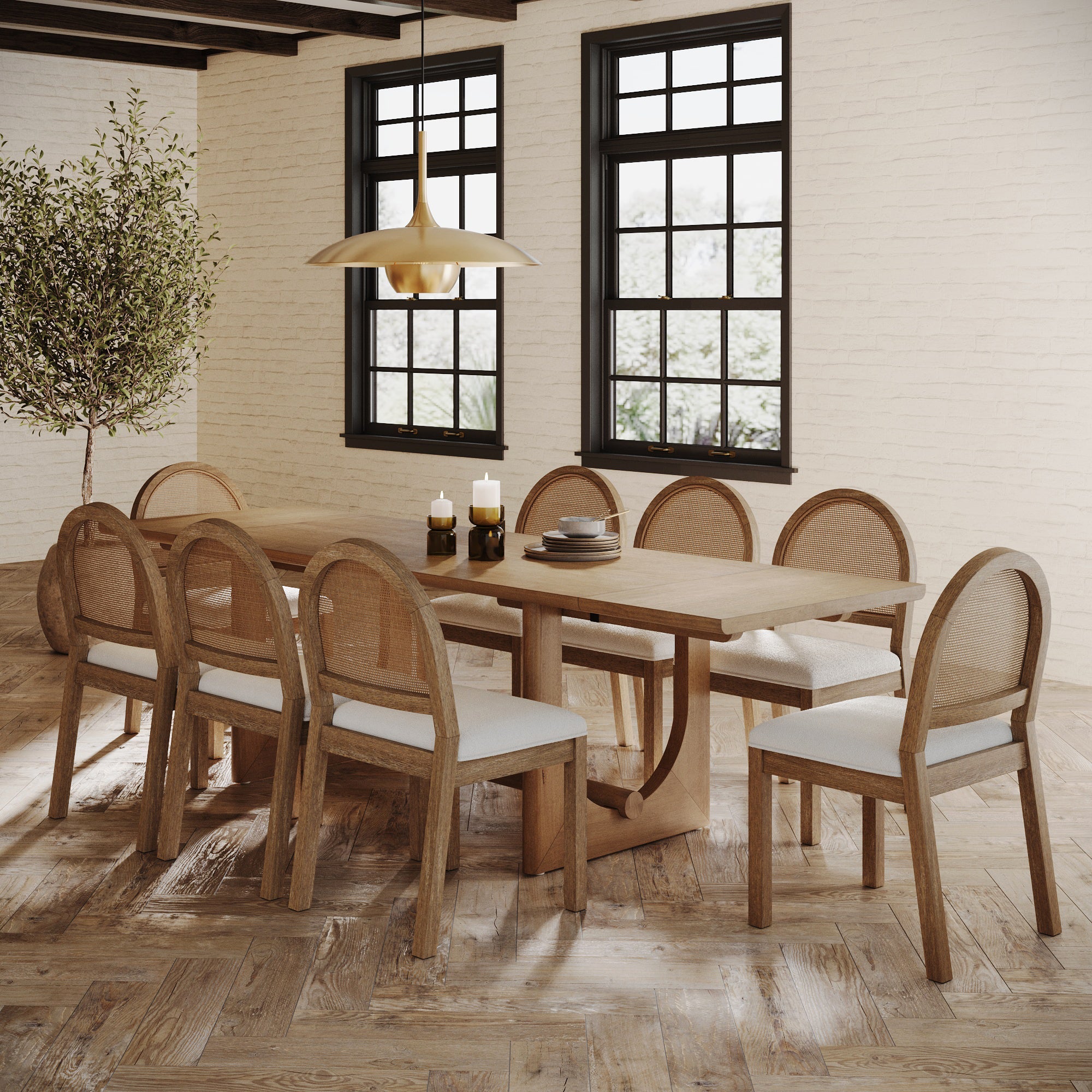 Extendable Mid-Century Rattan Dining Table Set (8 Chair)