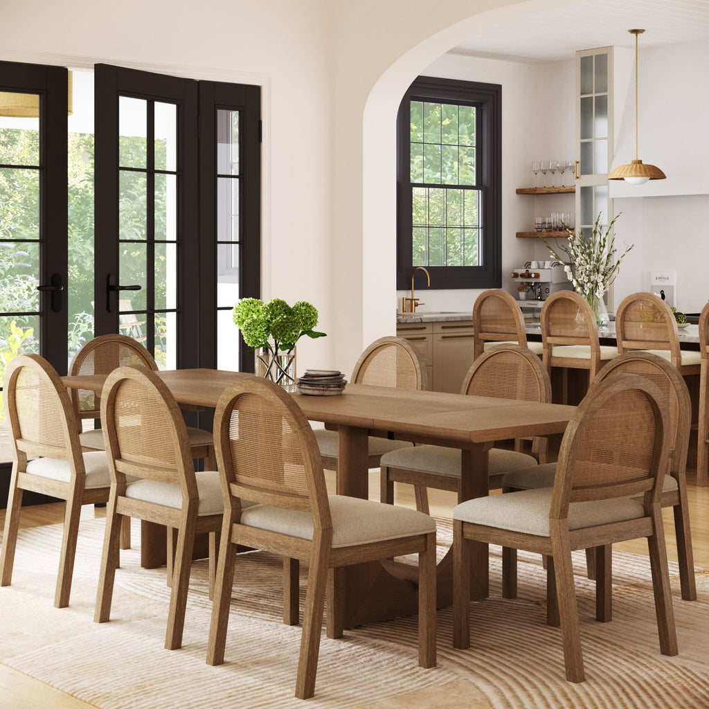 Extendable Mid-Century Rattan Dining Table Set (8 Chair)