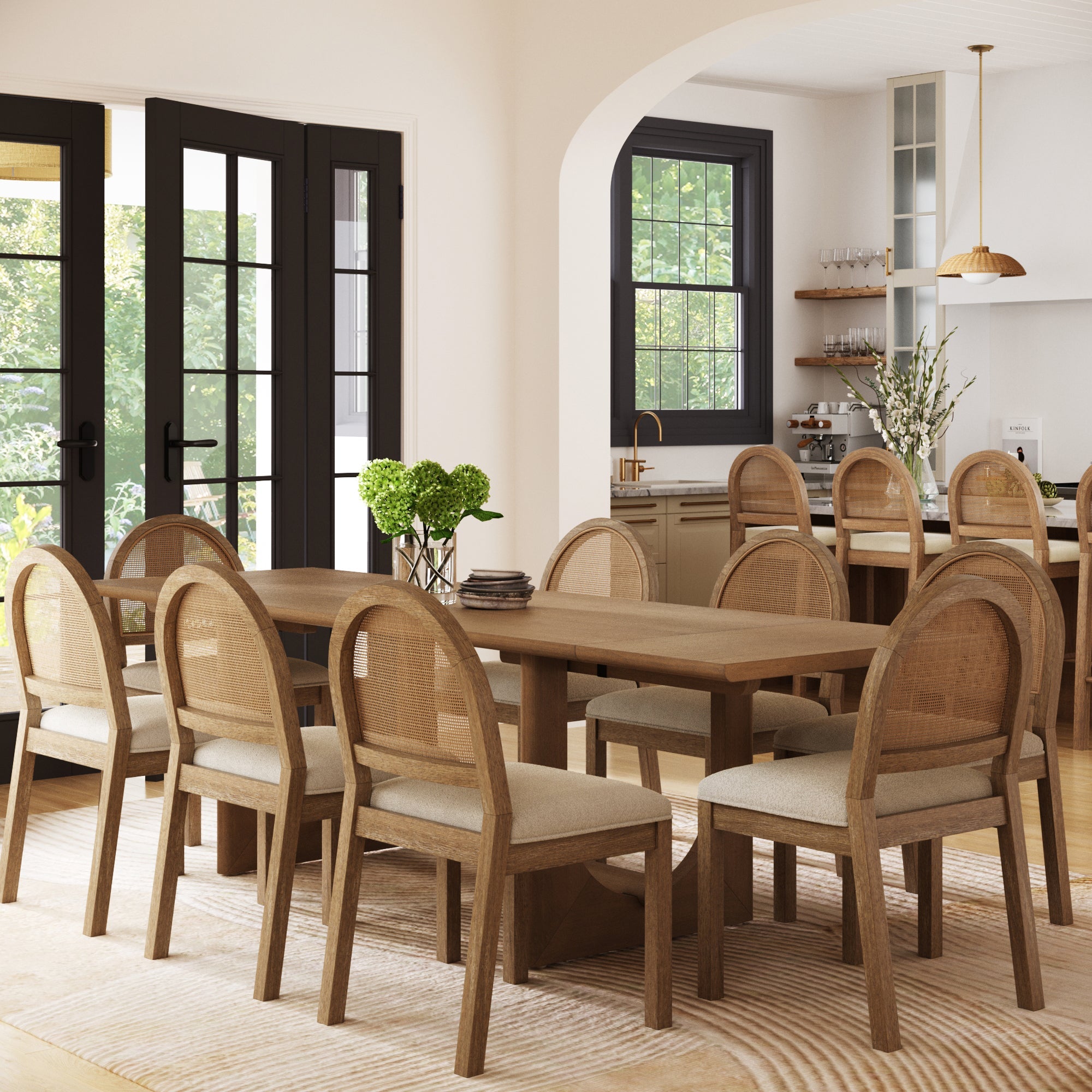 Extendable Mid-Century Rattan Dining Table Set (8 Chair)