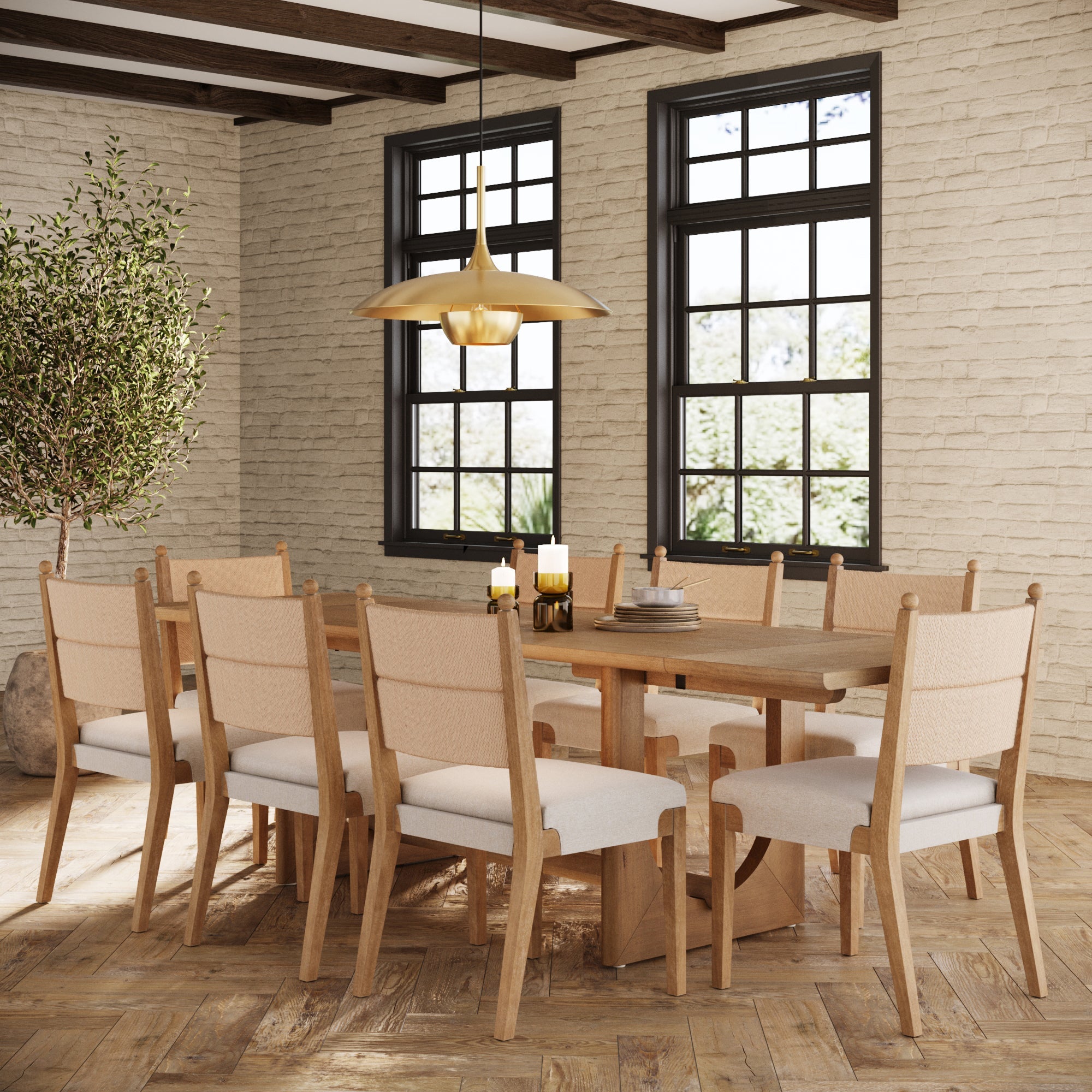 Extendable Mid-Century Seagrass Dining Table Set (8 Chair)