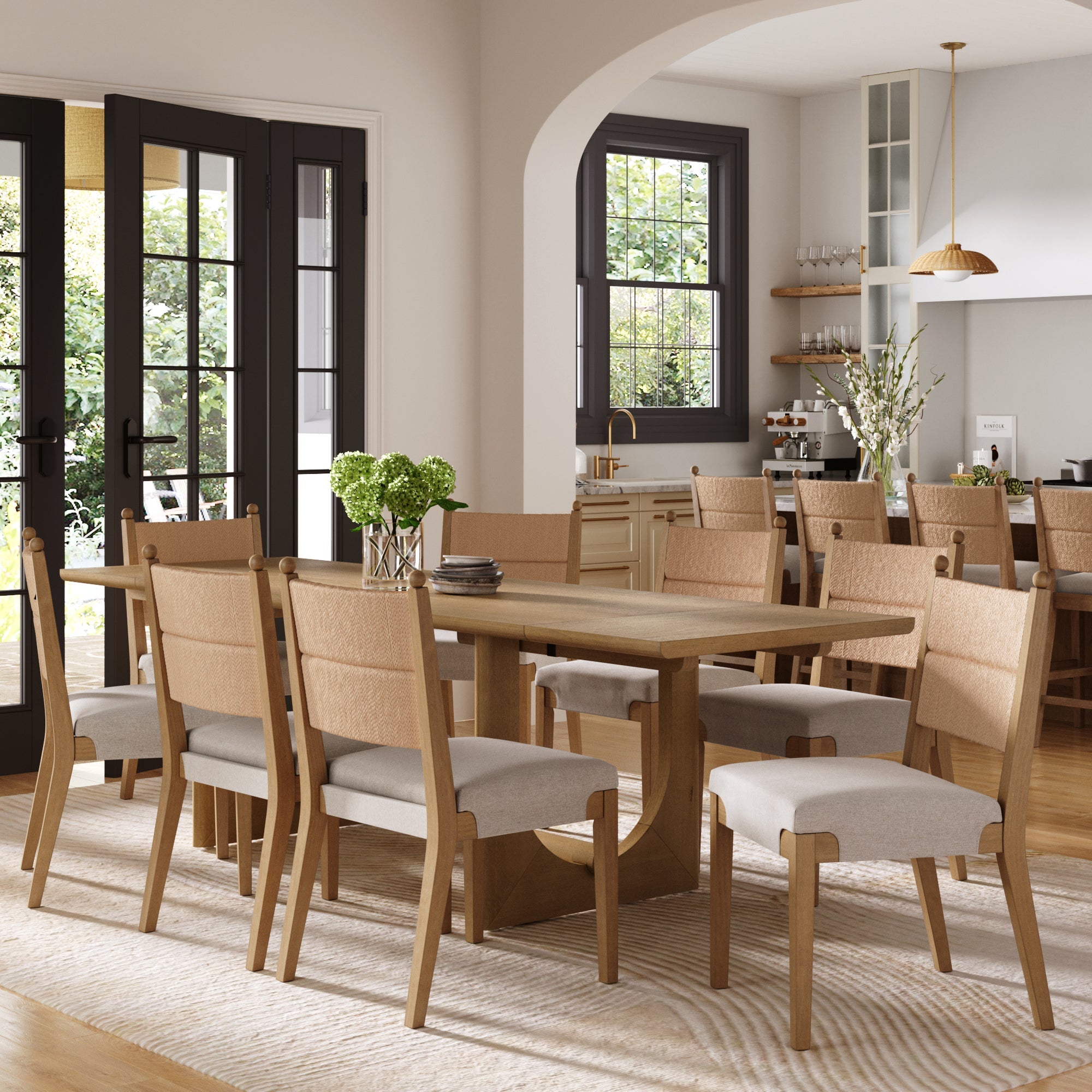 Extendable Mid-Century Seagrass Dining Table Set (8 Chair)