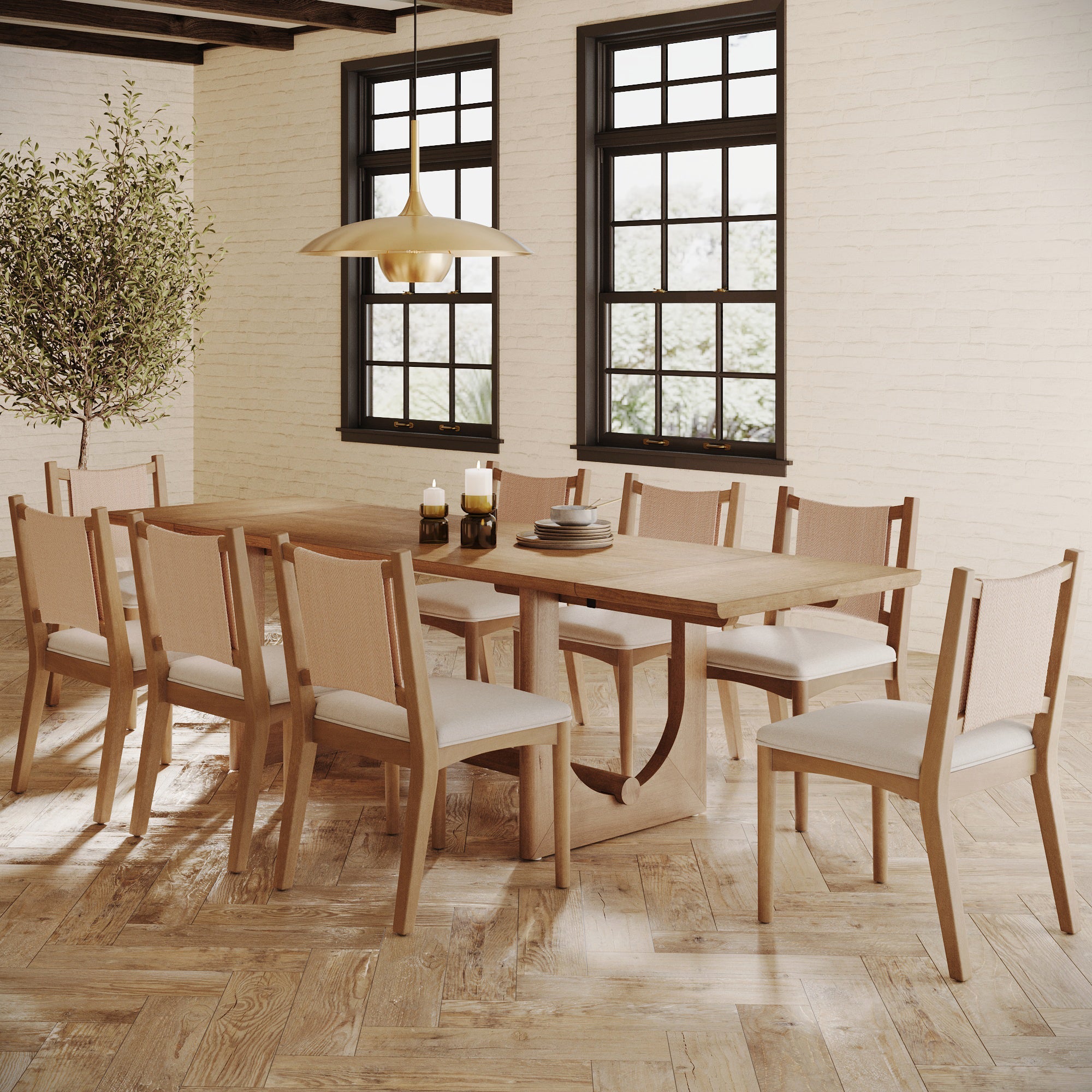 Extendable Mid-Century Flax Dining Table Set (8 Chair)