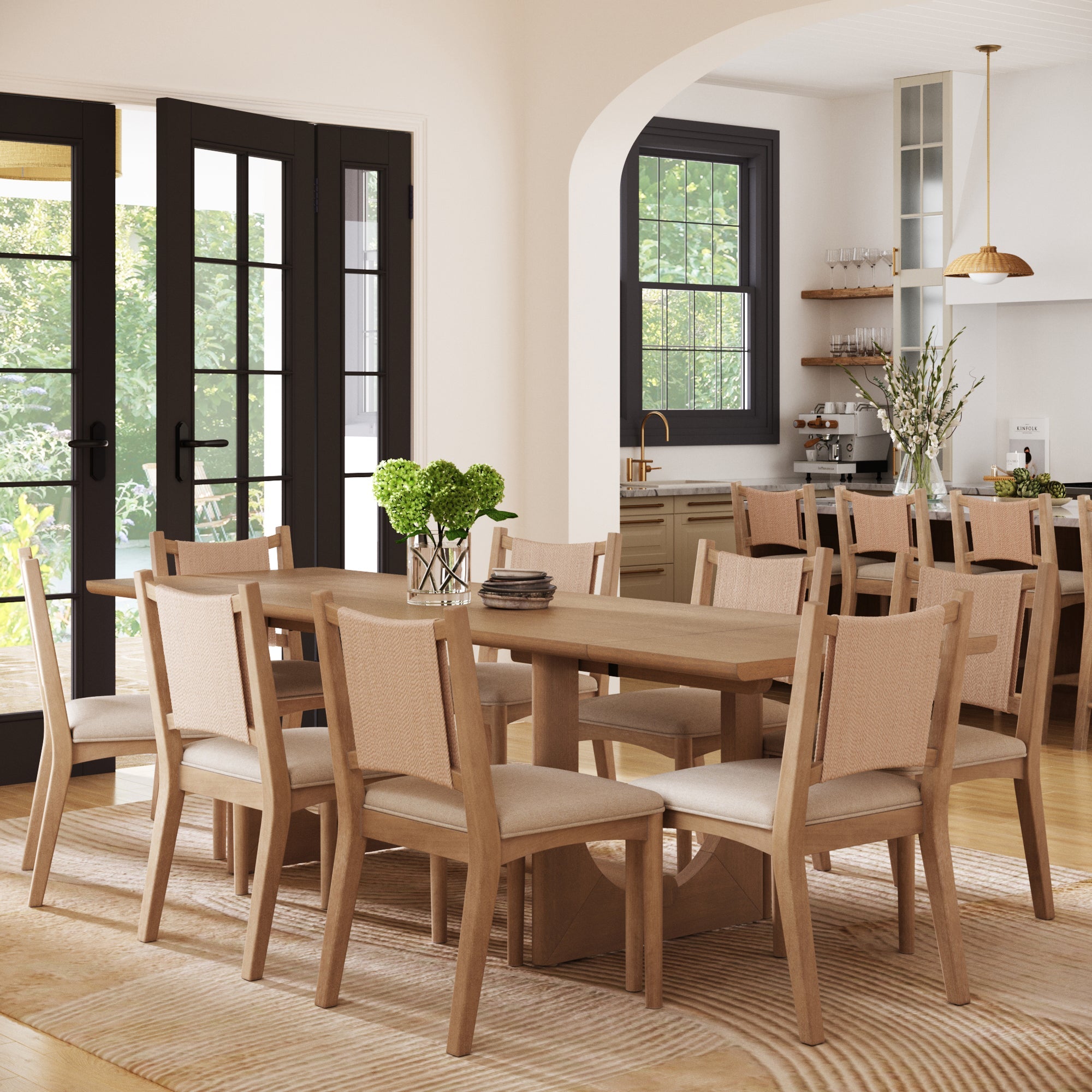 Extendable Mid-Century Flax Dining Table Set (8 Chair)