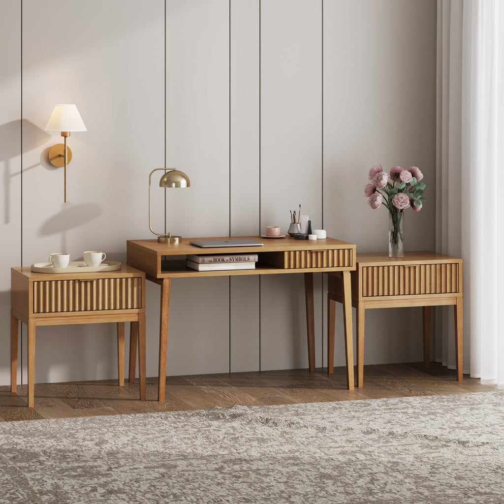 Solid Wood Fluted Desk & 2 Nightstand Bedroom Vanity Set