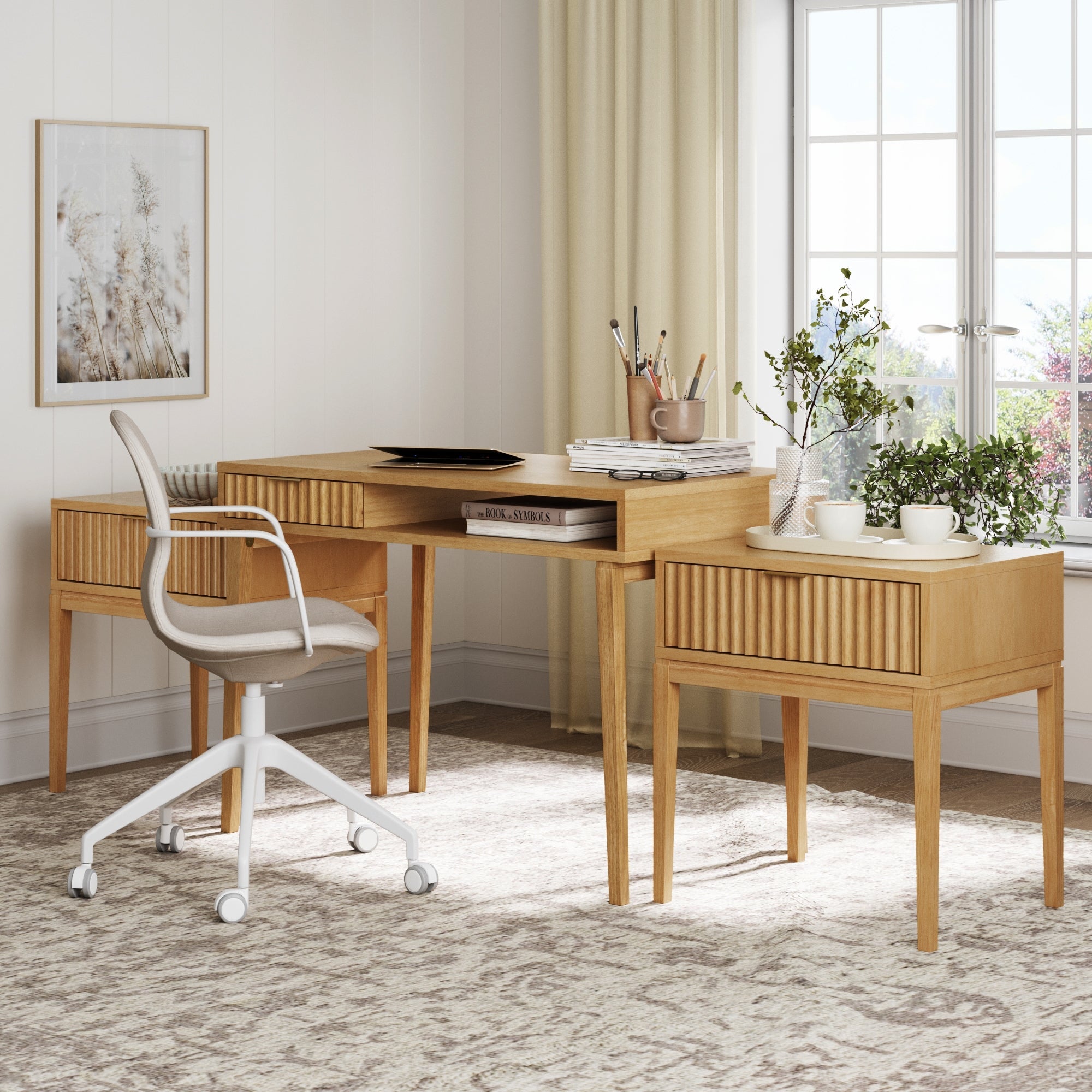 Solid Wood Fluted Desk & 2 Nightstand Bedroom Vanity Set