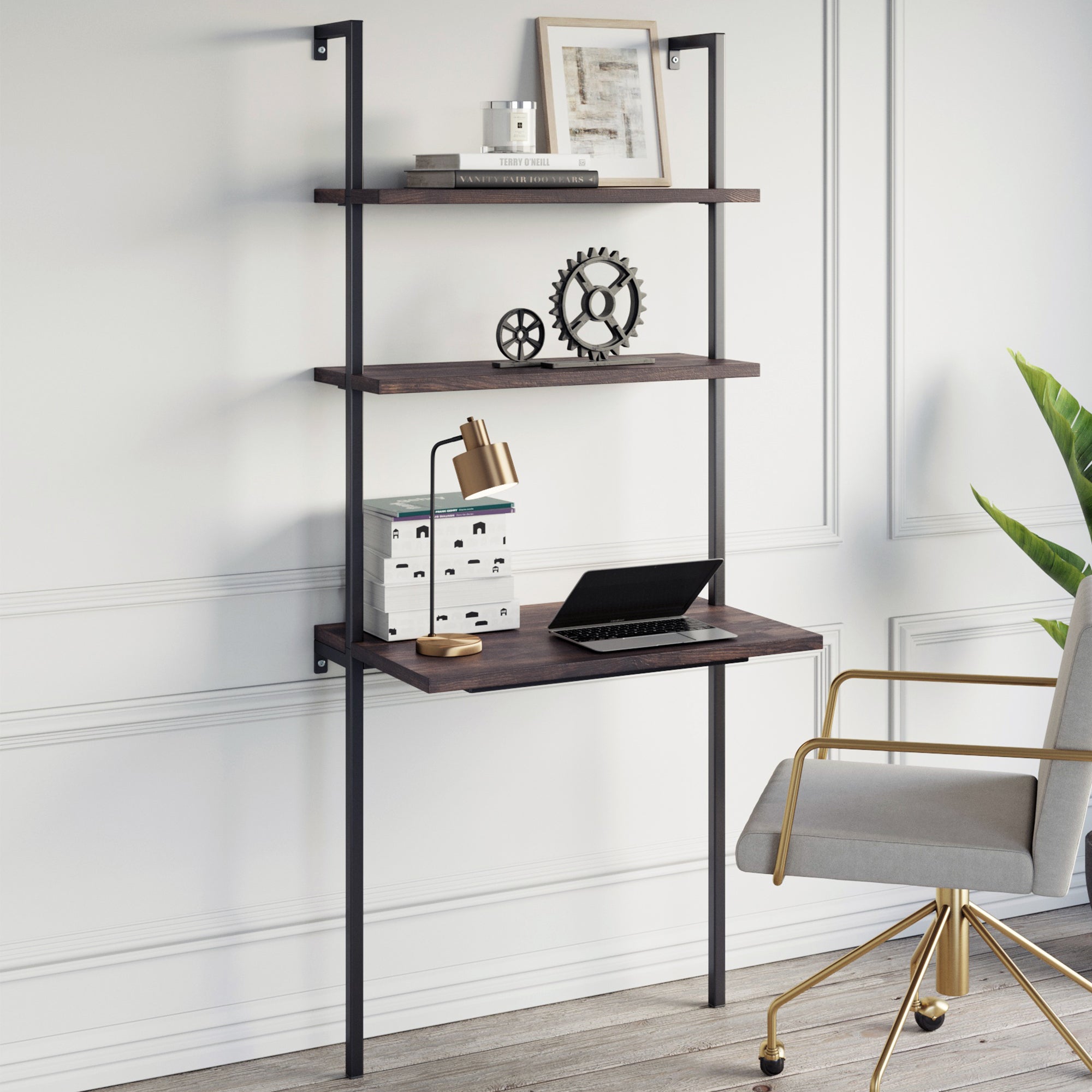 Wood Wall Mount Ladder 2-Shelf Desk