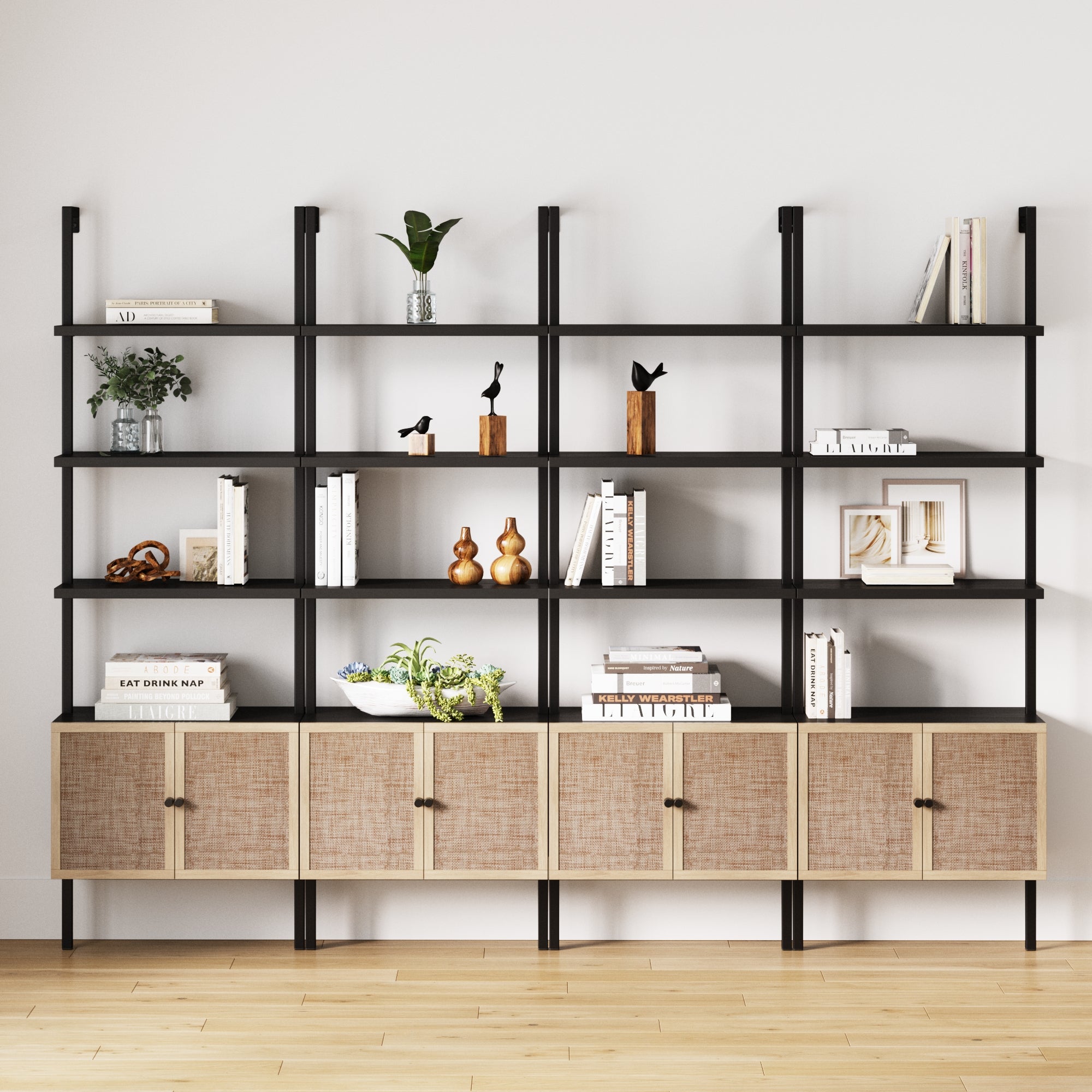 Rattan Ladder Wall Bookshelves with Doors