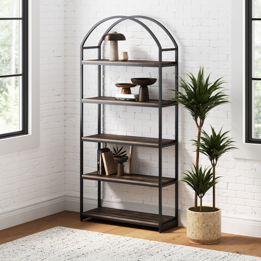 Wood & Metal 5-Shelf Arched Bookshelf