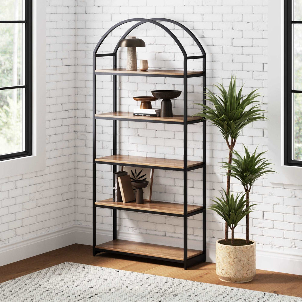 Wood & Metal 5-Shelf Arched Bookshelf