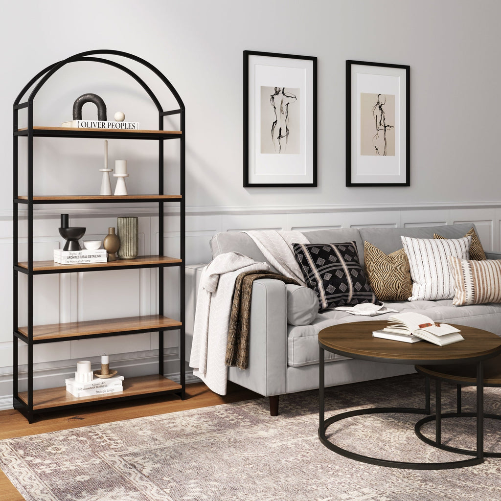 Wood & Metal 5-Shelf Arched Bookshelf