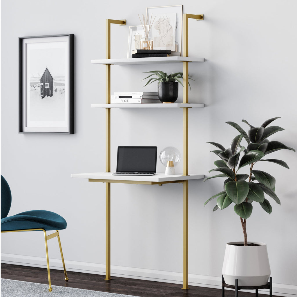 Wood Wall Mount Ladder 2-Shelf Desk