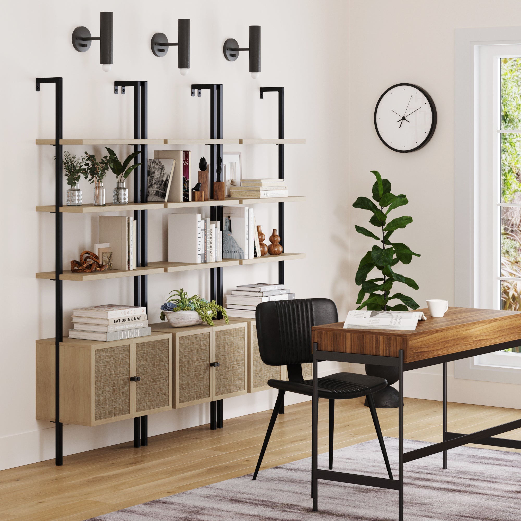 Rattan Ladder Wall Bookshelves with Doors