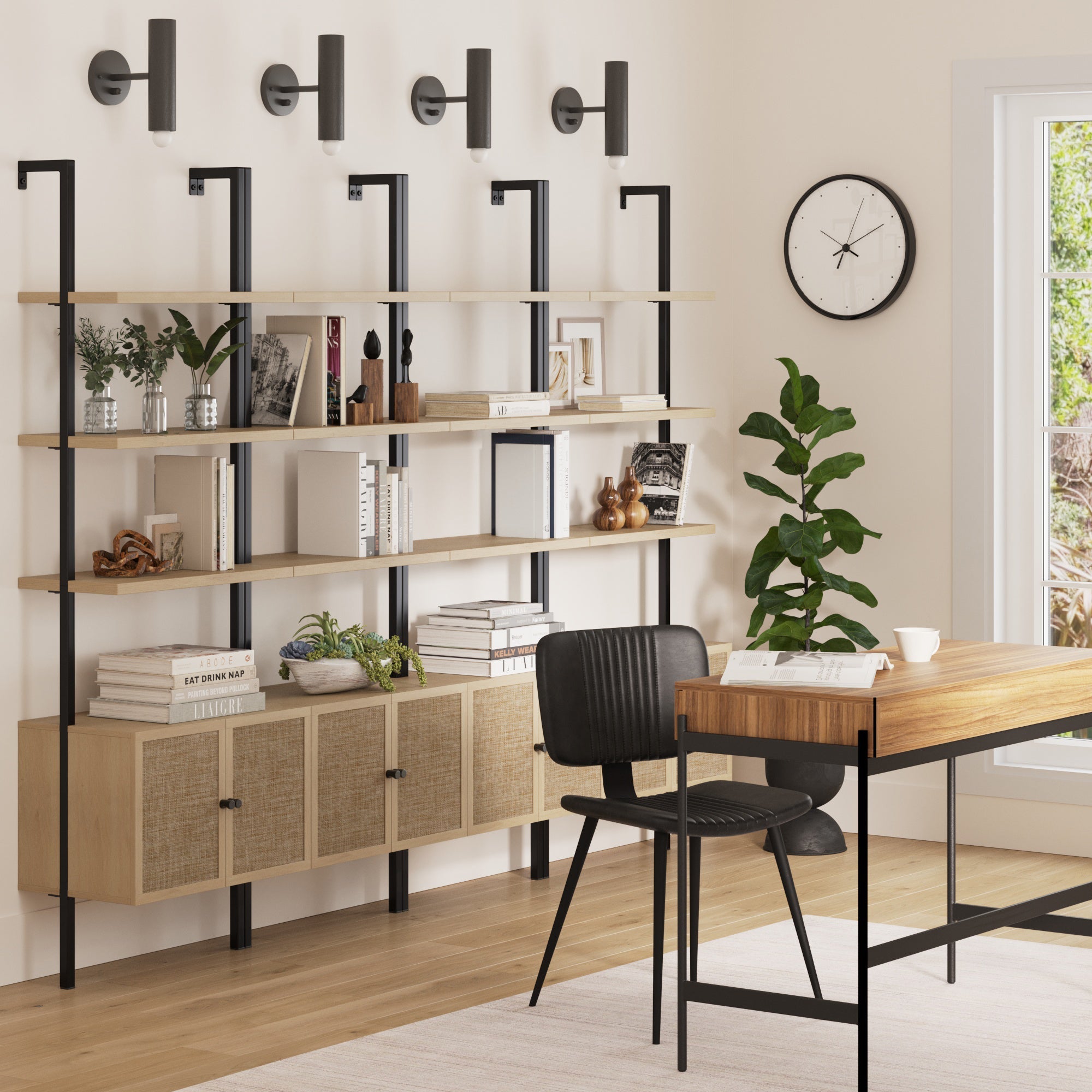 Rattan Ladder Wall Bookshelves with Doors