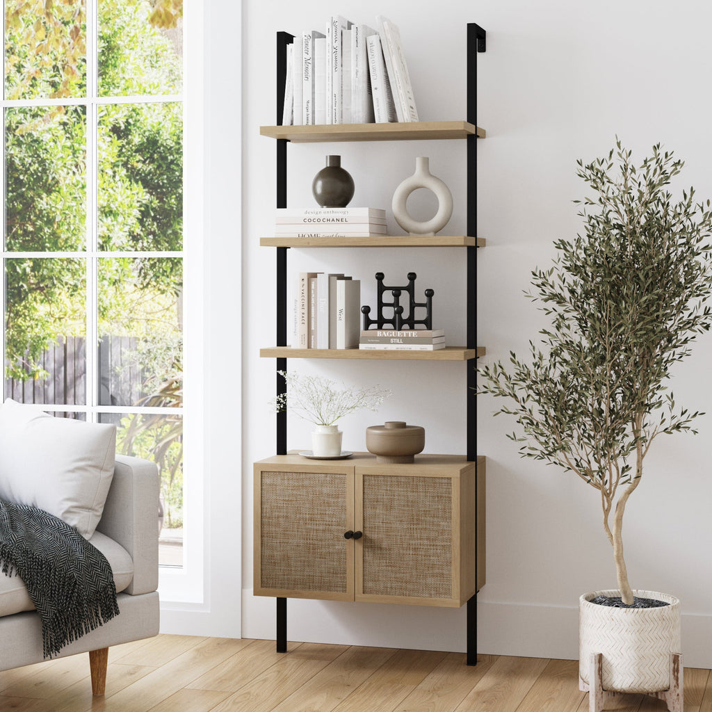 Rattan Ladder Storage Bookshelf with Doors