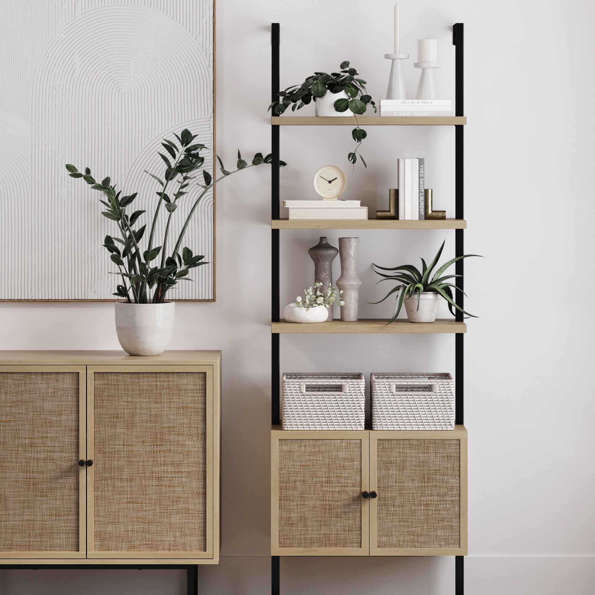 Rattan Ladder Storage Bookshelf with Doors