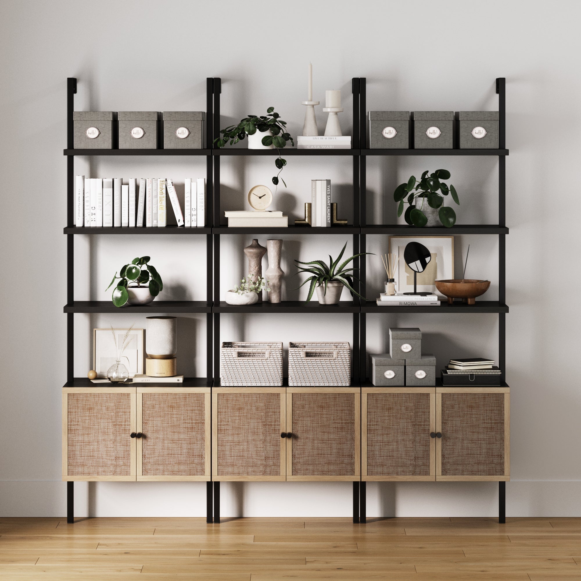 Rattan Ladder Wall Bookshelves with Doors