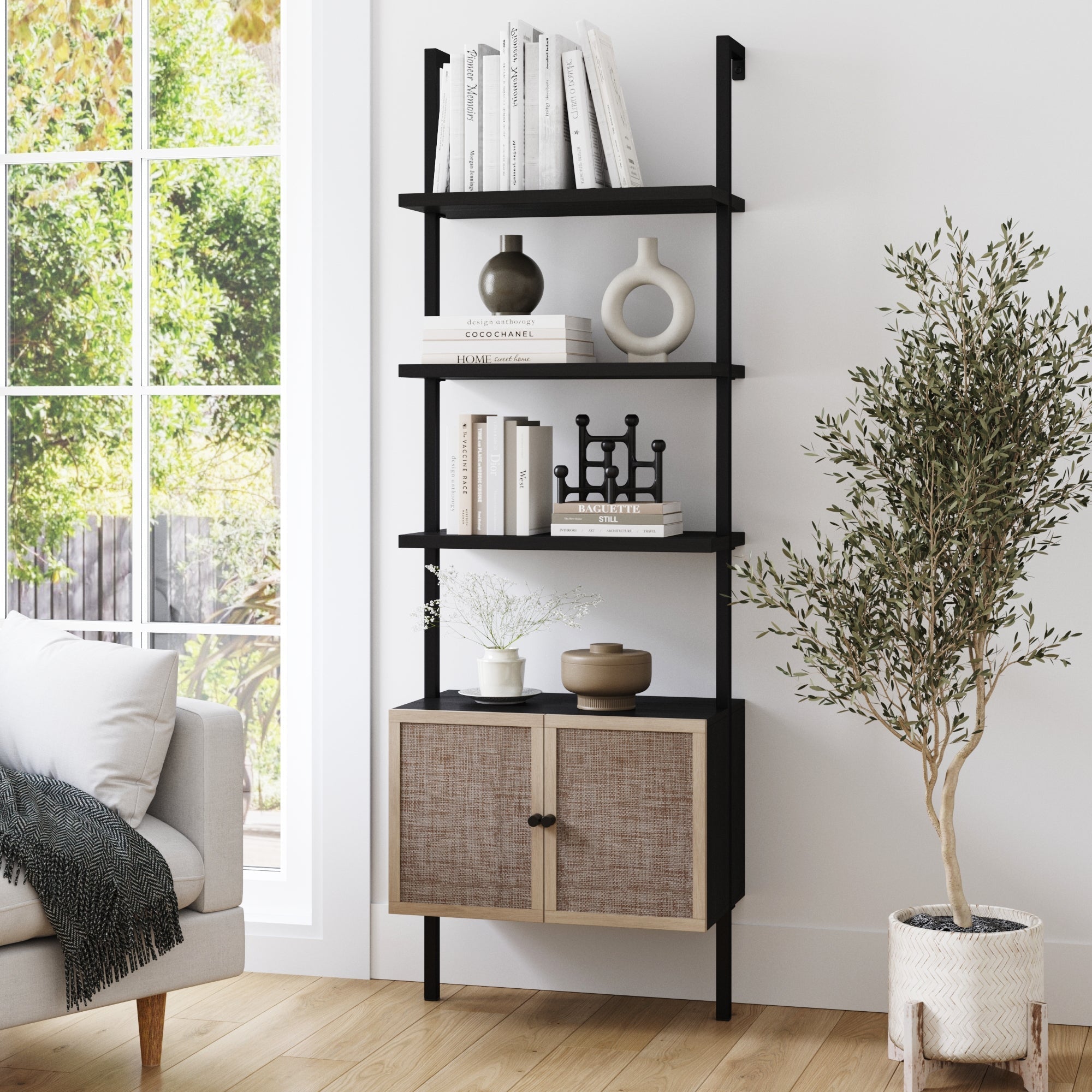 Rattan Ladder Storage Bookshelf with Doors