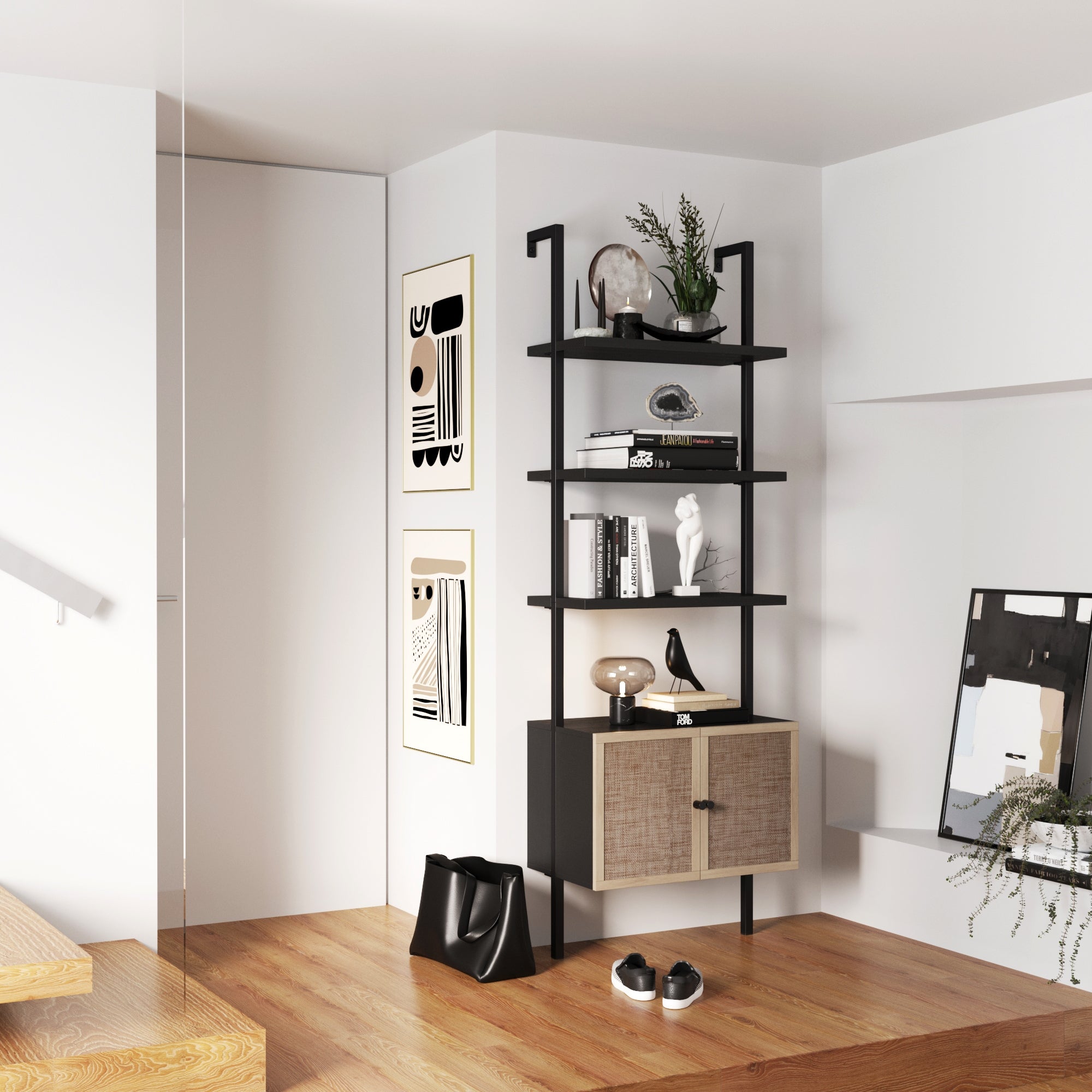 Rattan Ladder Storage Bookshelf with Doors
