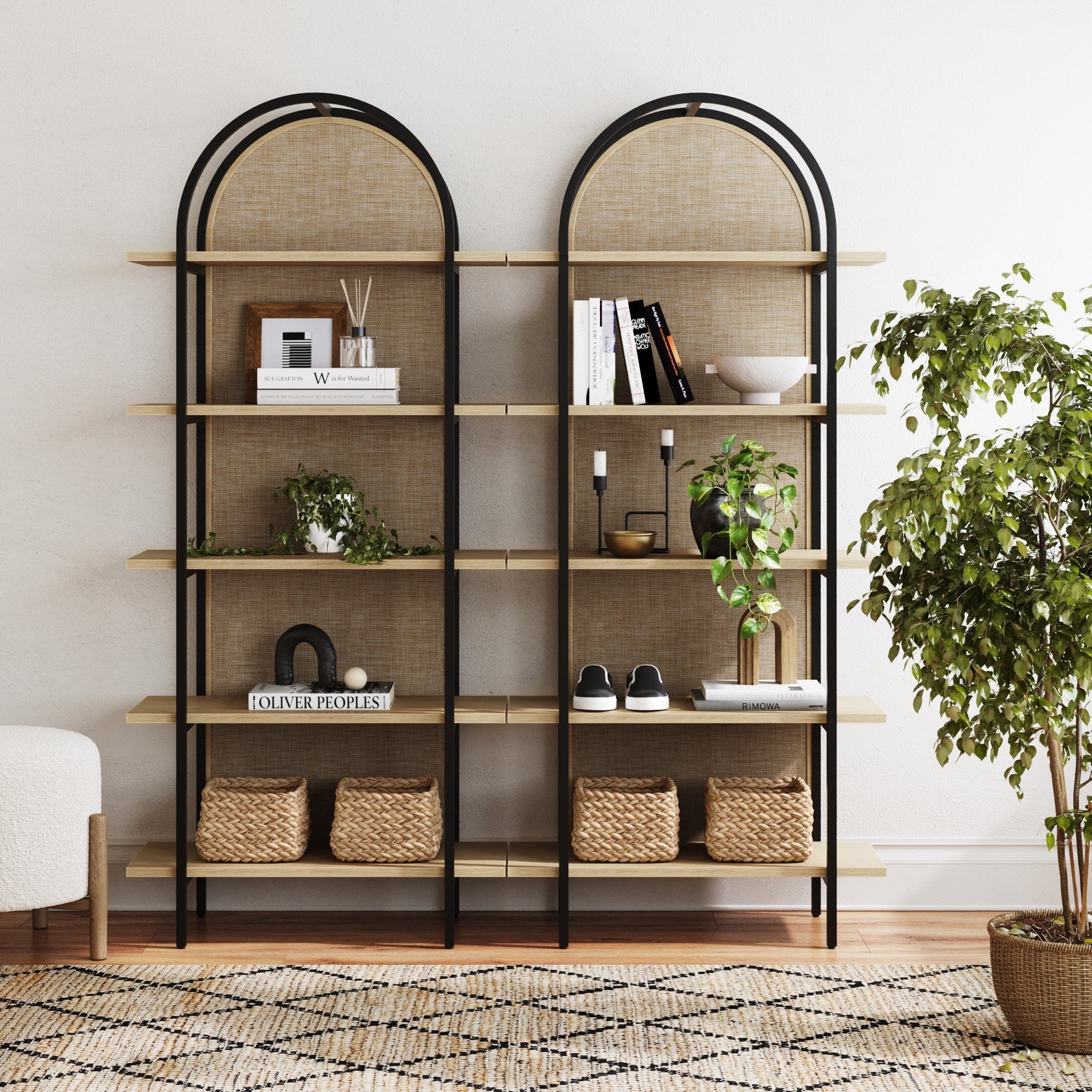 Boho Rattan & Wood Arched Bookshelves