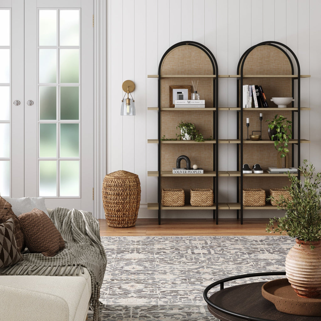 Boho Rattan & Wood Arched Bookshelves