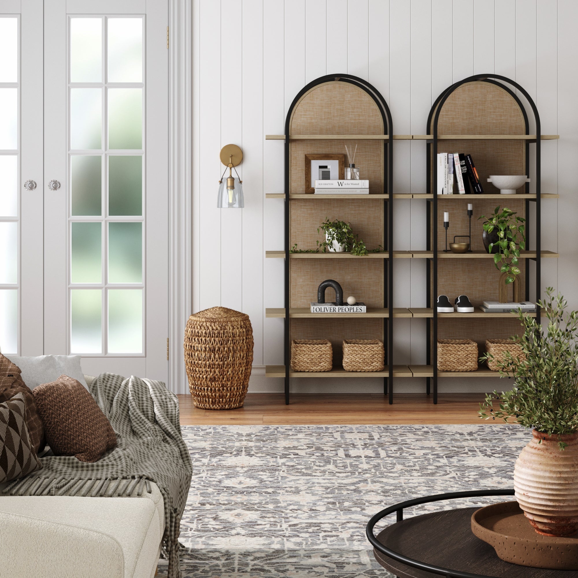 Boho Rattan & Wood Arched Bookshelves