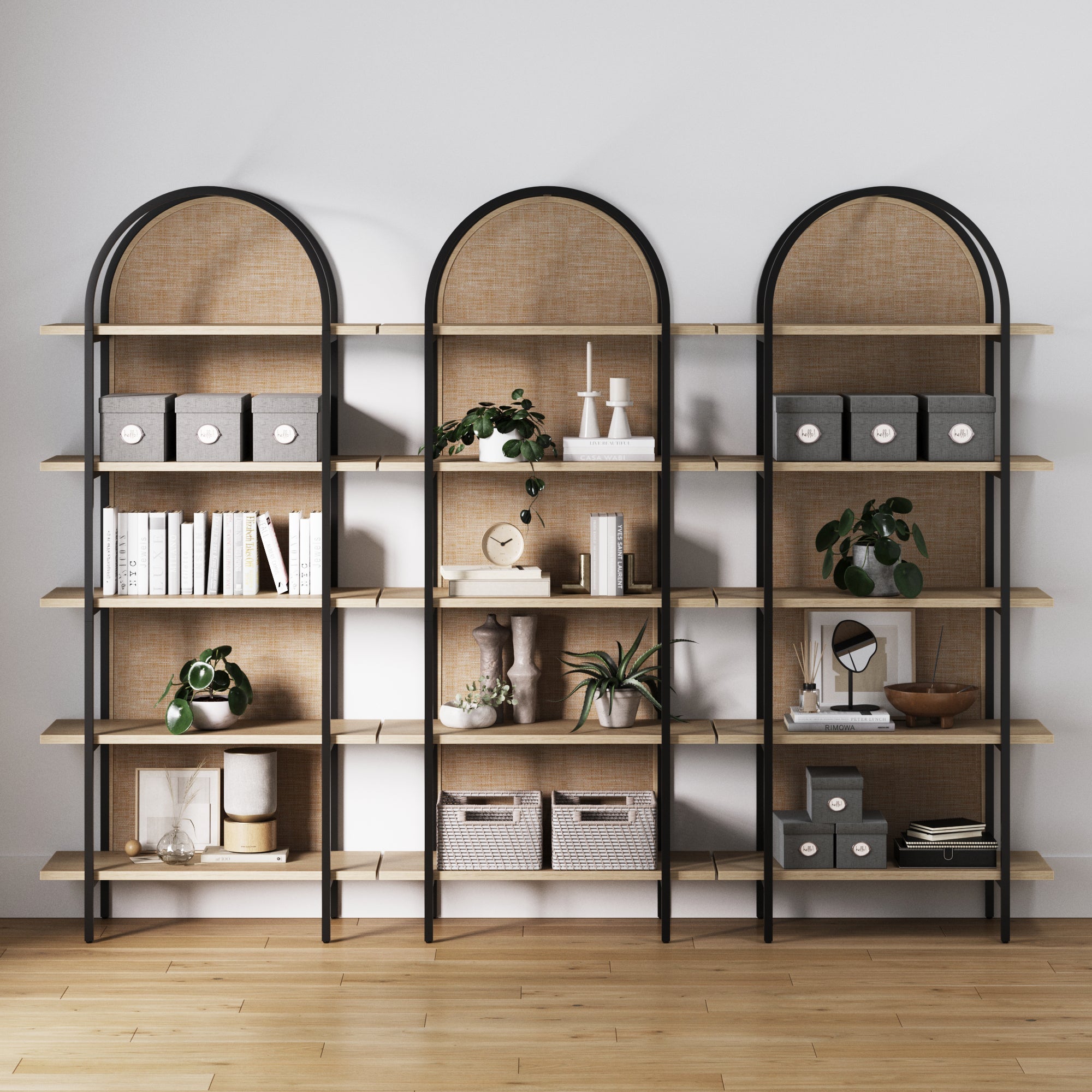 Boho Rattan & Wood Arched Bookshelves