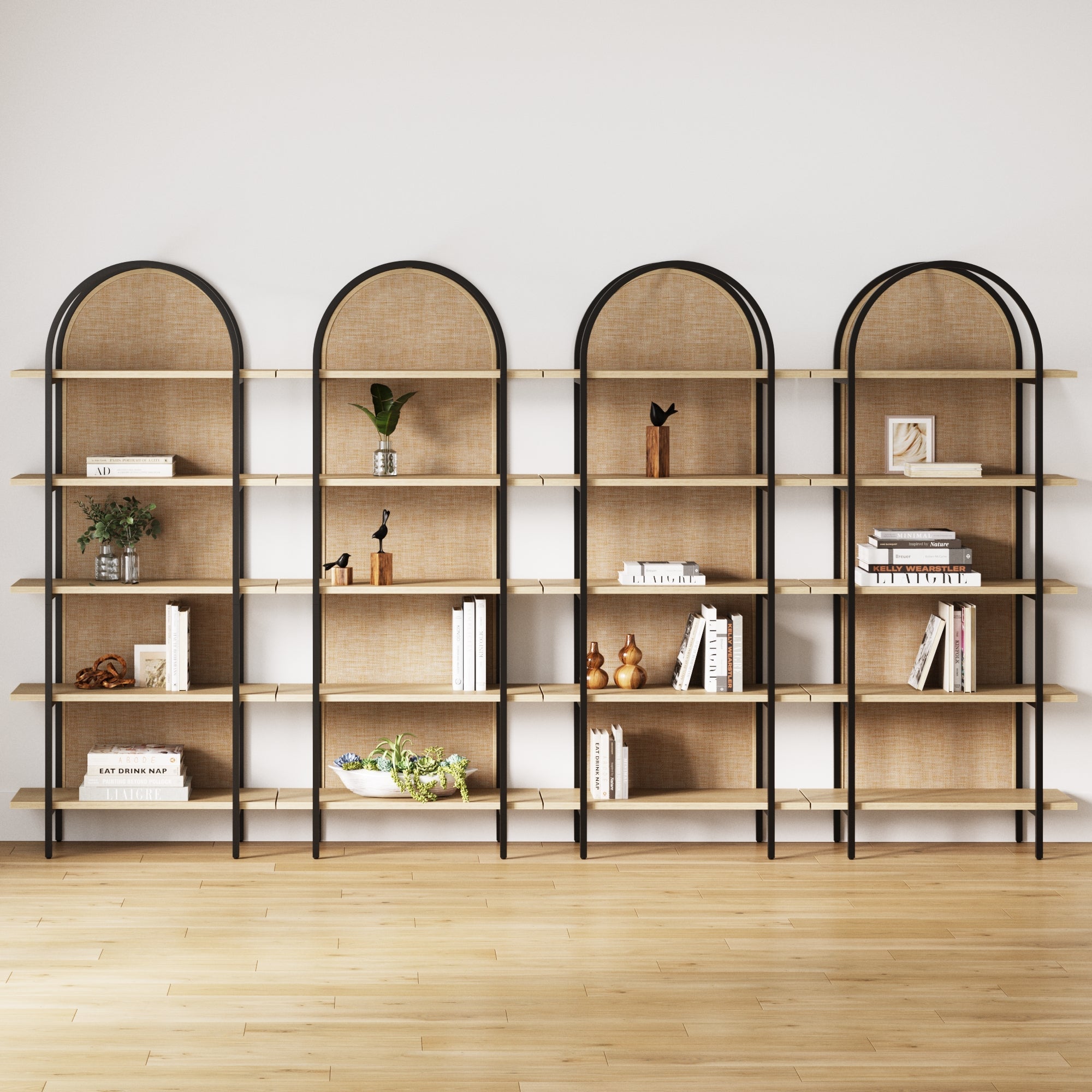Boho Rattan & Wood Arched Bookshelves