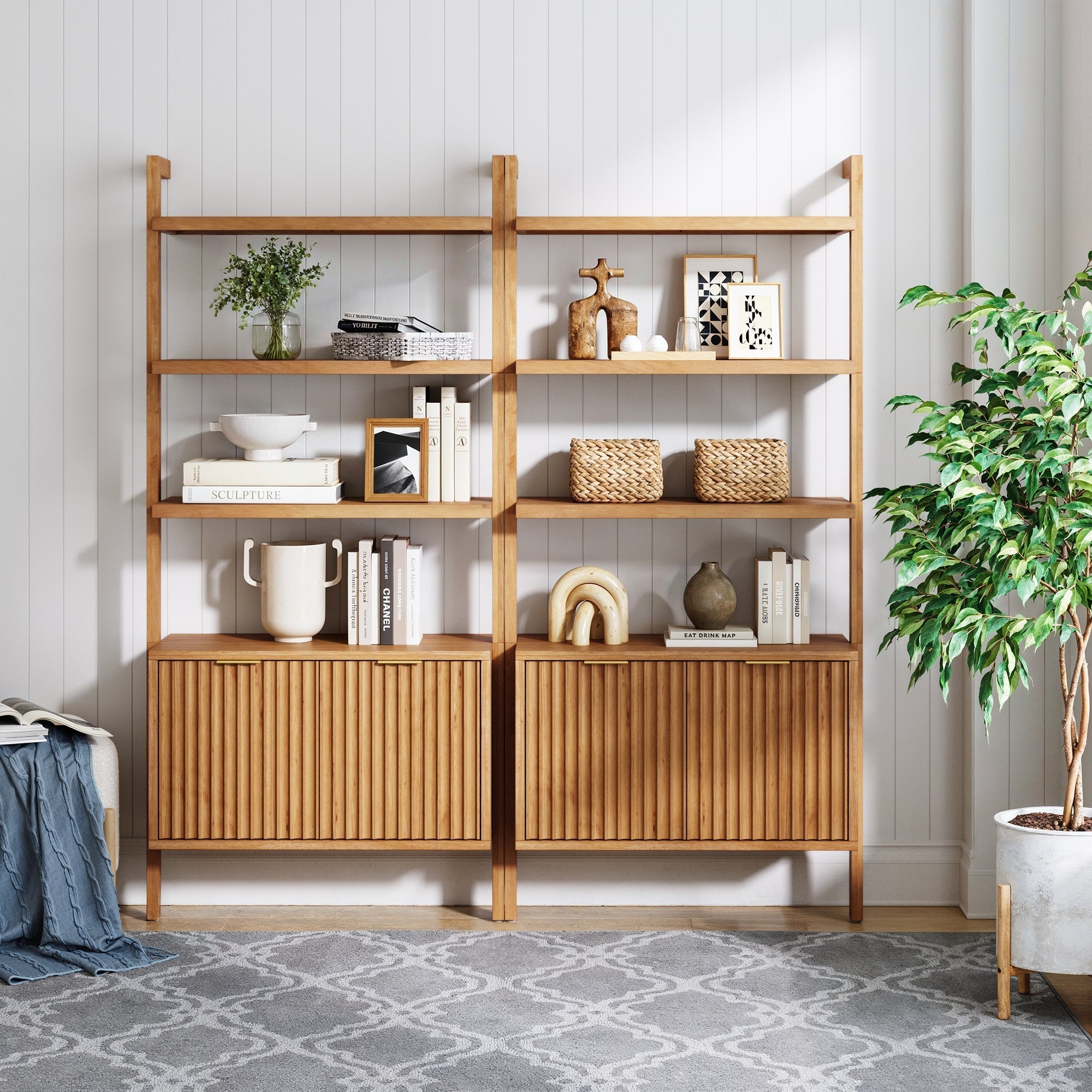 Mid-Century Fluted Wall Bookshelves with Doors