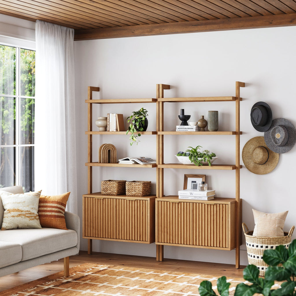 Mid-Century Fluted Wall Bookshelves with Doors