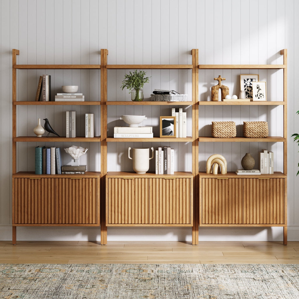 Mid-Century Fluted Wall Bookshelves with Doors