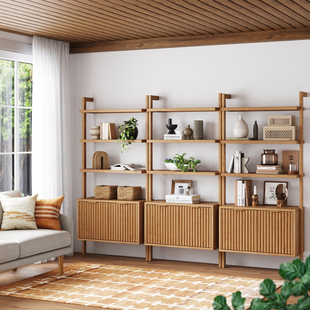 Mid-Century Fluted Wall Bookshelves with Doors
