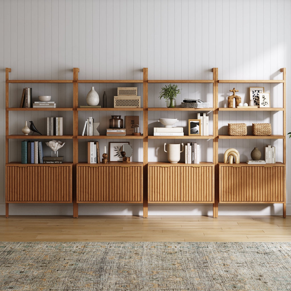 Mid-Century Fluted Wall Bookshelves with Doors