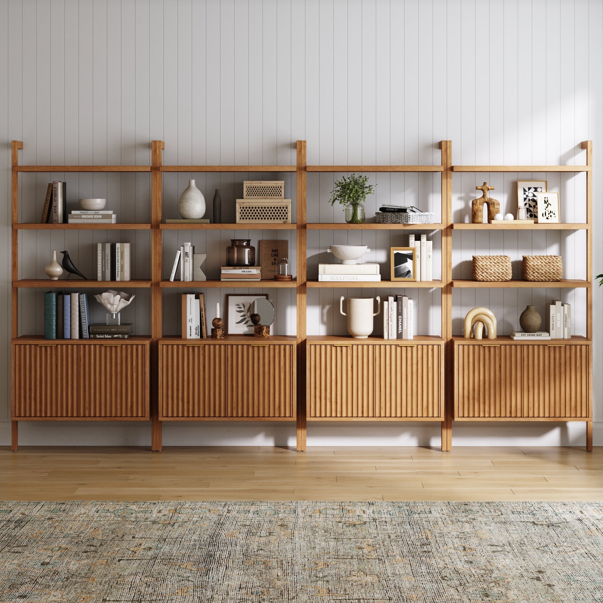 Mid-Century Fluted Wall Bookshelves with Doors