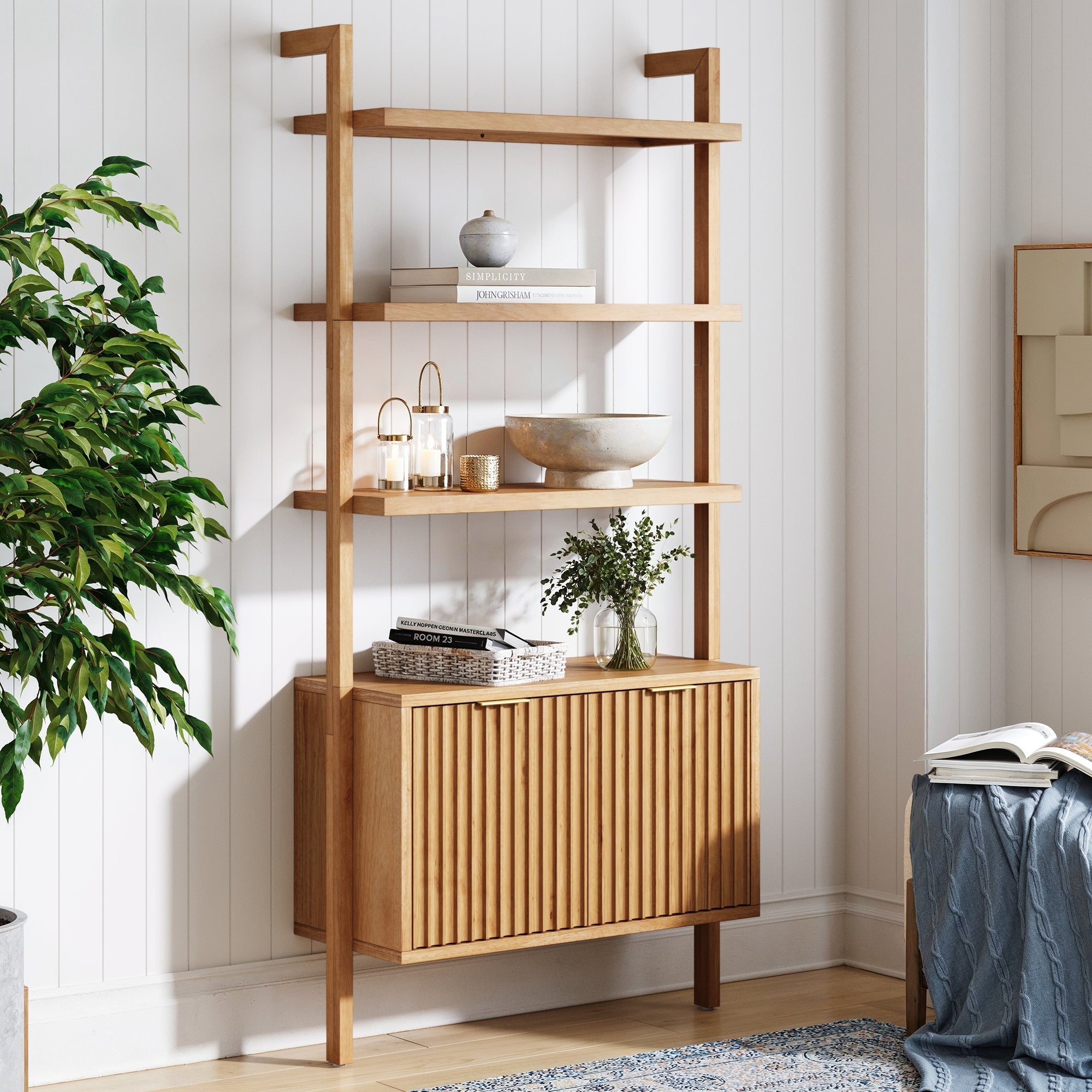 Mid-Century Fluted Wall Bookshelf with Doors