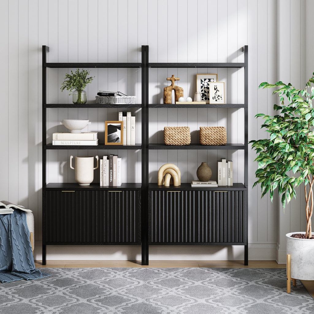 Mid-Century Fluted Wall Bookshelves with Doors