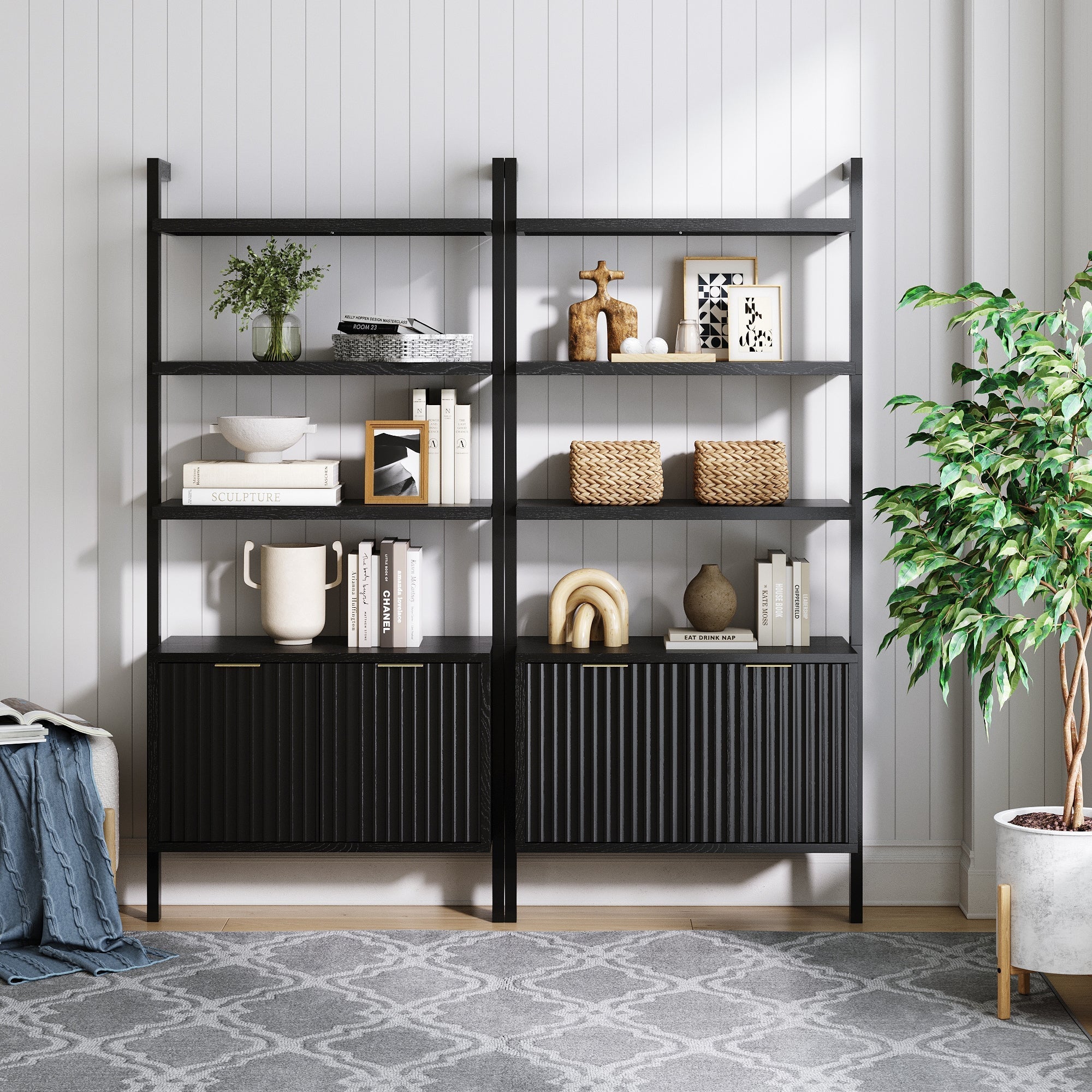 Mid-Century Fluted Wall Bookshelves with Doors