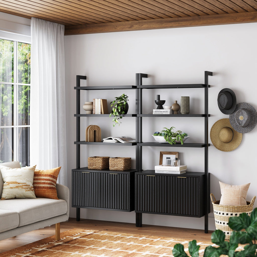 Mid-Century Fluted Wall Bookshelves with Doors