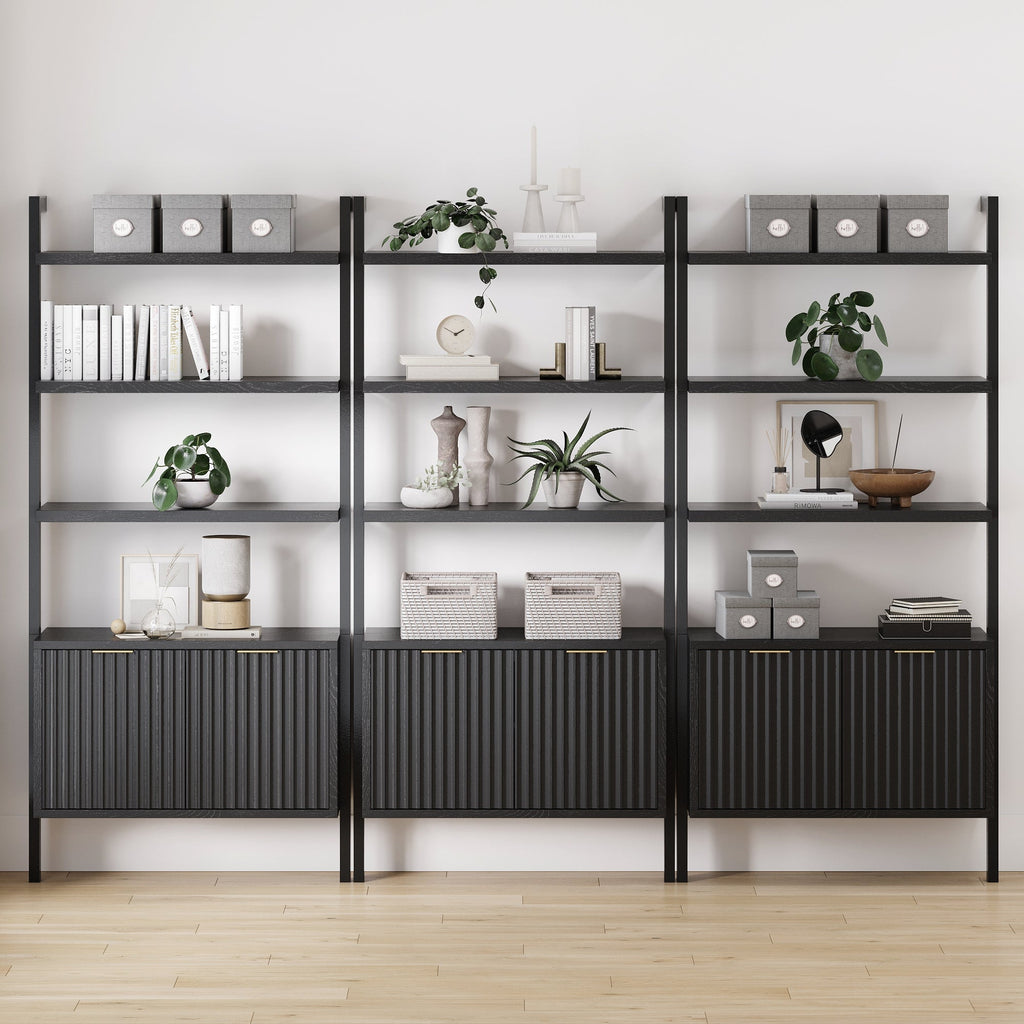 Mid-Century Fluted Wall Bookshelves with Doors