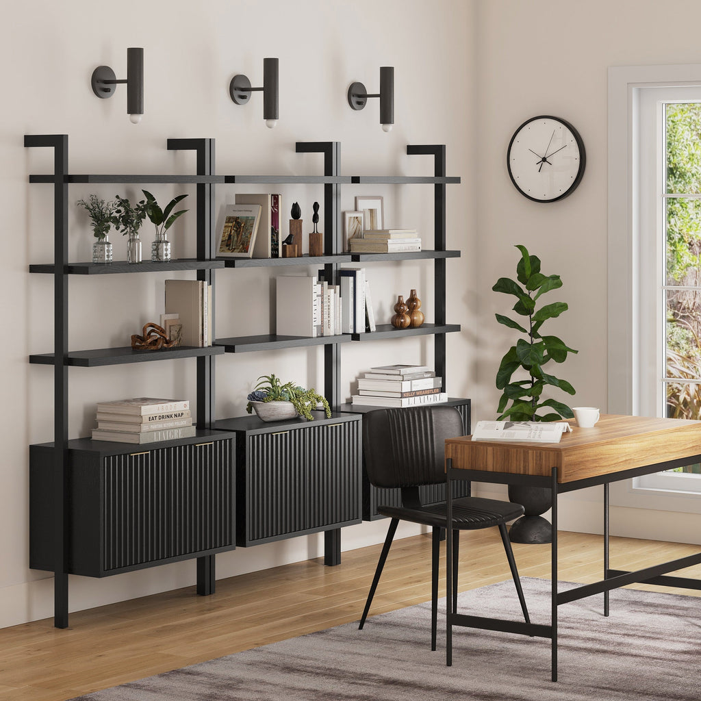 Mid-Century Fluted Wall Bookshelves with Doors